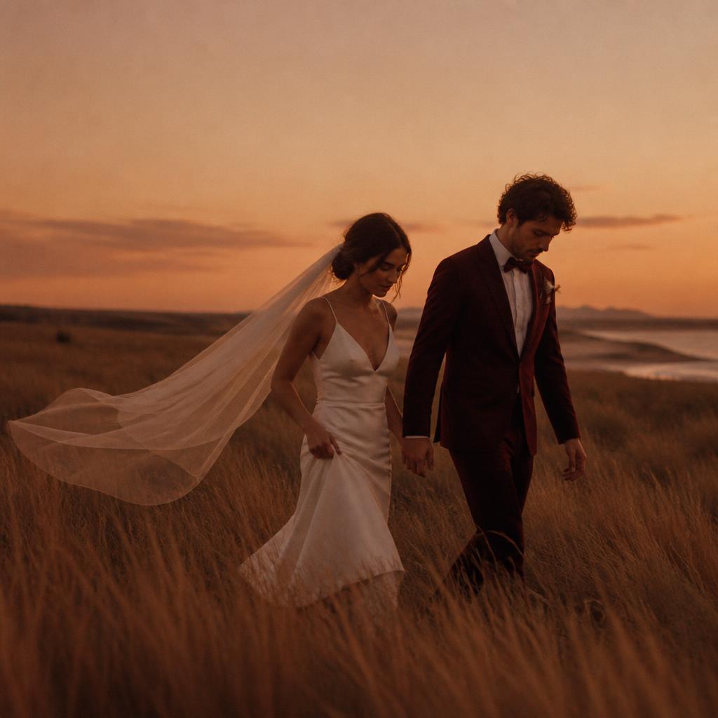 Newlywed couple walking through amber grass at dusk
